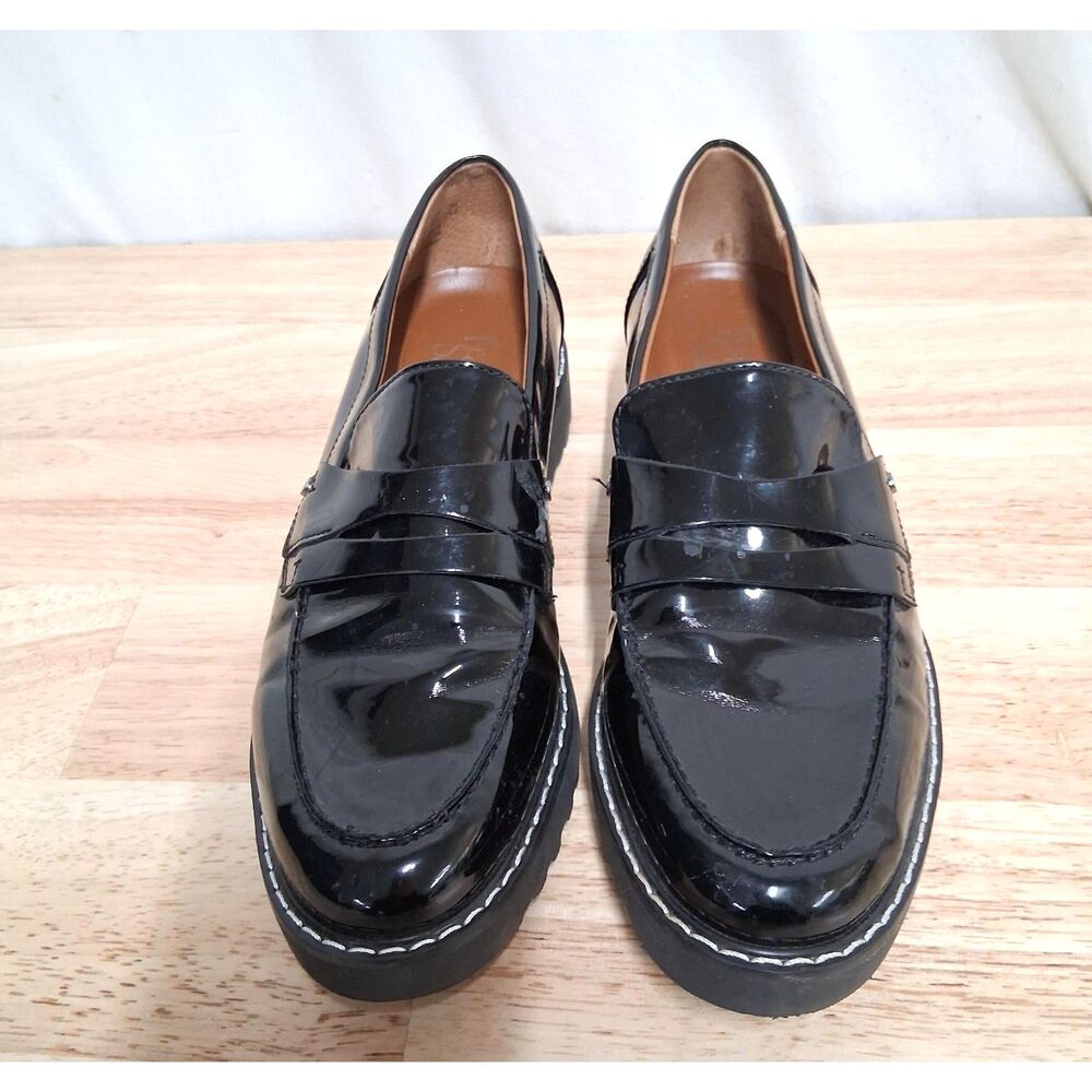 Franco Sarto Cassandra Platform Penny Loafer Black Faux Patent Loafers Size 7.5M